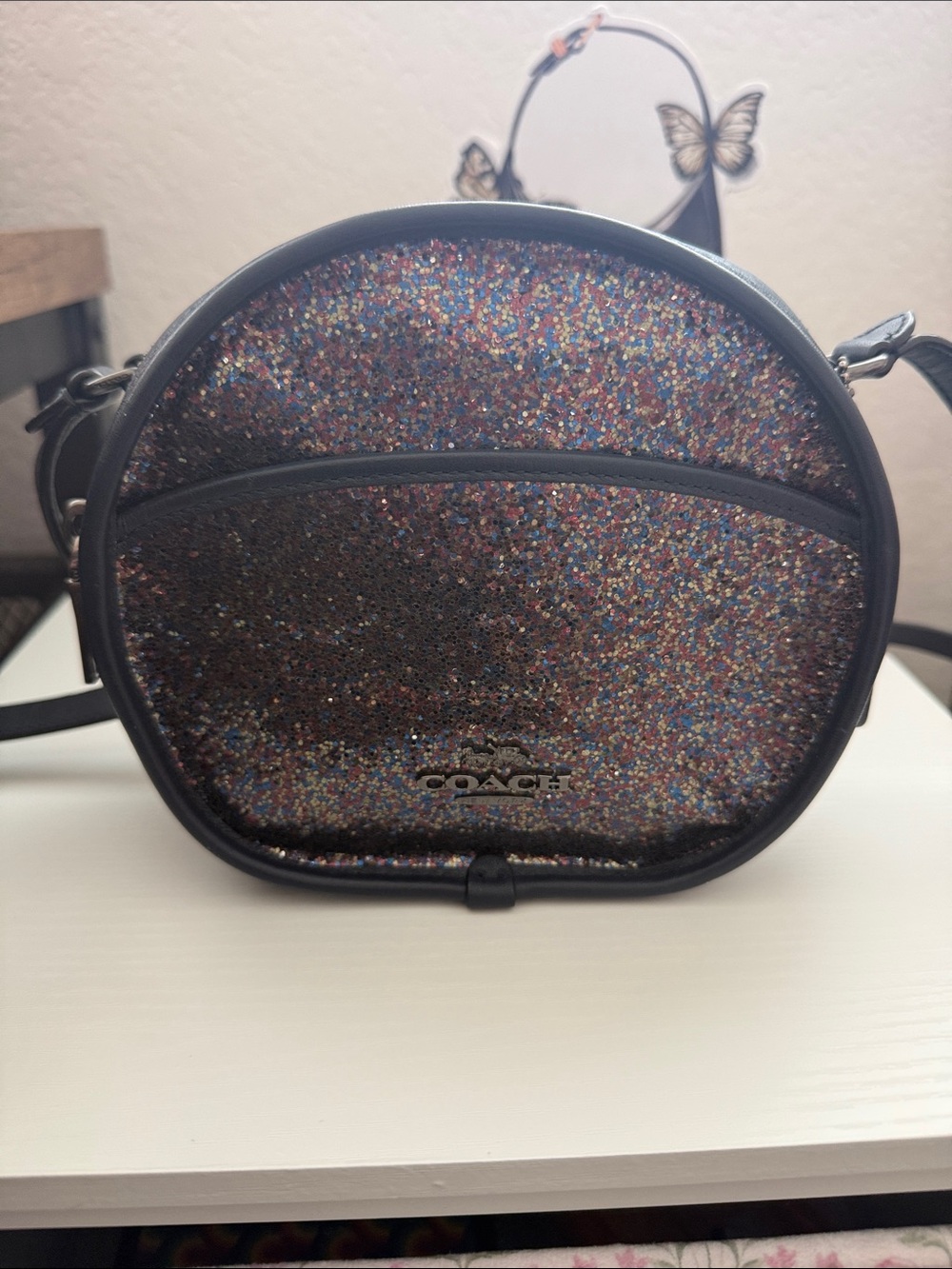 Coach Glitter Round Crossbody Bag in Multicolor Sparkle with Black Trim